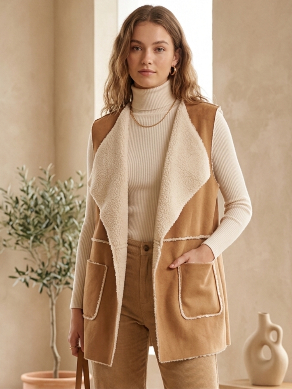 Penny Lane Sherpa Faux Suede Vest Open Front Longline Pockets Large
